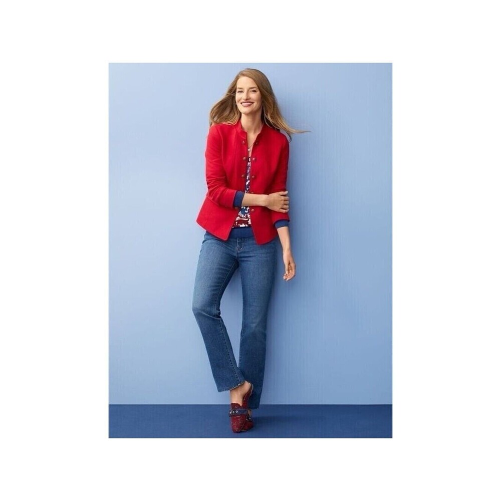 Talbots Red Jacket Military Style Cotton Blend Crest Buttons Coat Twill Petite 4